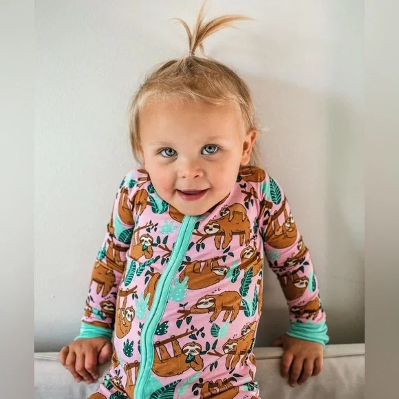 Little Sleepies Pink Sleepy Sloth Bamboo Zippy Pajamas Size 3-6M - Picture 2 of 12